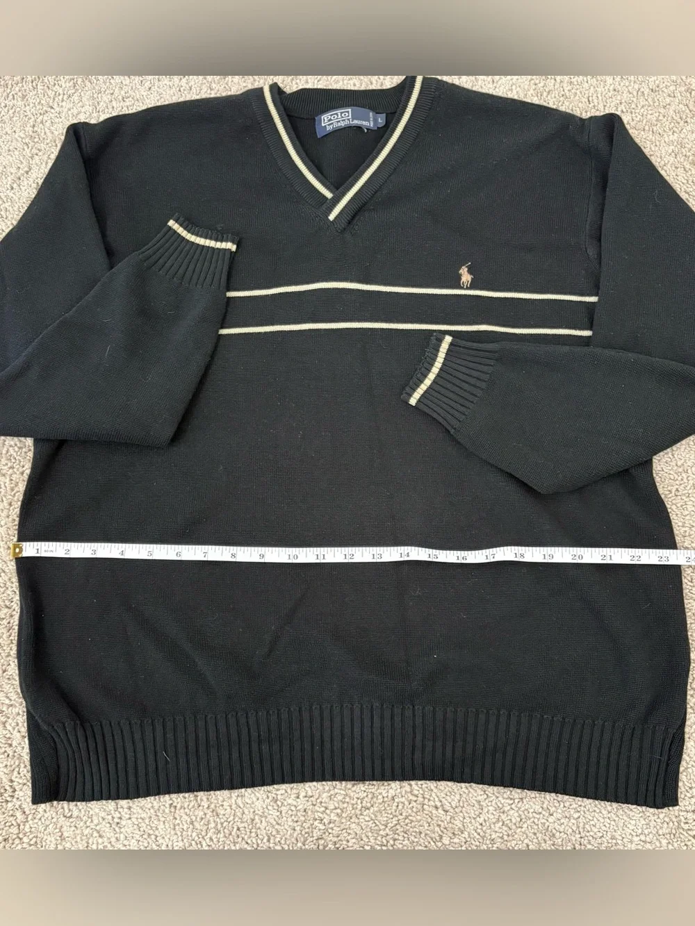 Vintage Polo by Ralph Lauren Black + Gold V-Neck Sweater with Contrast Stripes
